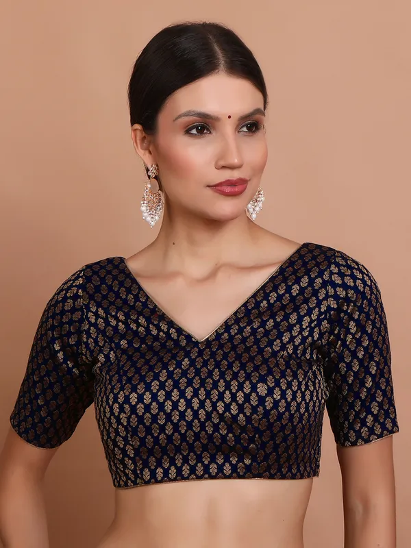Blue V neck ready made blouse in brocade