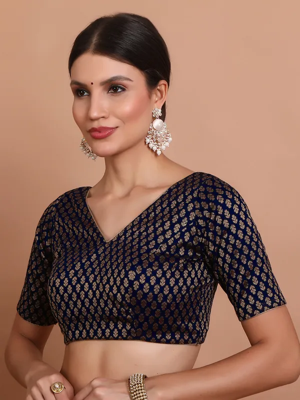 Blue V neck ready made blouse in brocade