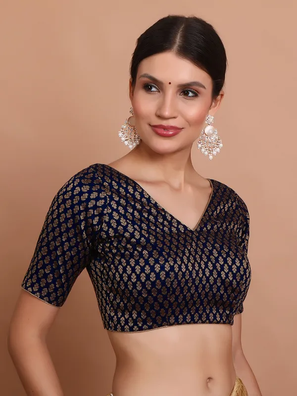 Blue V neck ready made blouse in brocade