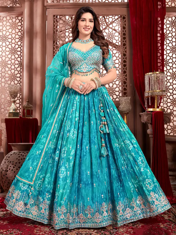Blue v neck silk lehenga choli for weddings