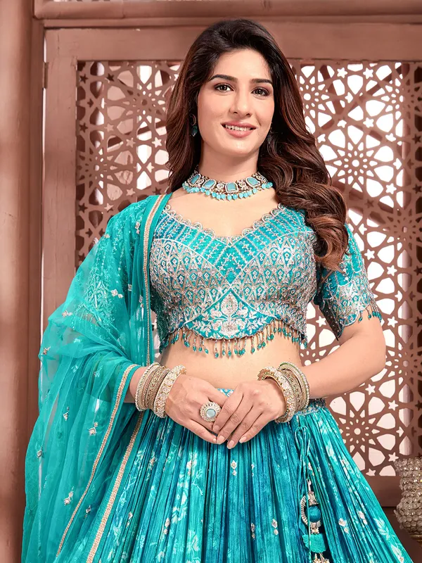 Blue v neck silk lehenga choli for weddings