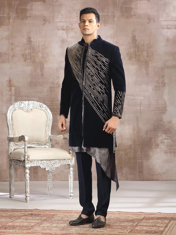 Blue velvet indo western with cutdana embellishment