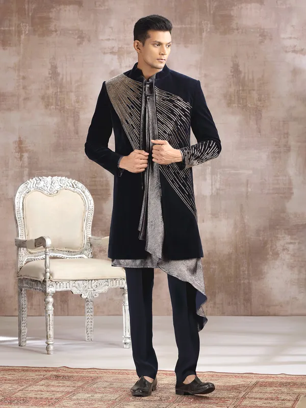 Blue velvet indo western with cutdana embellishment