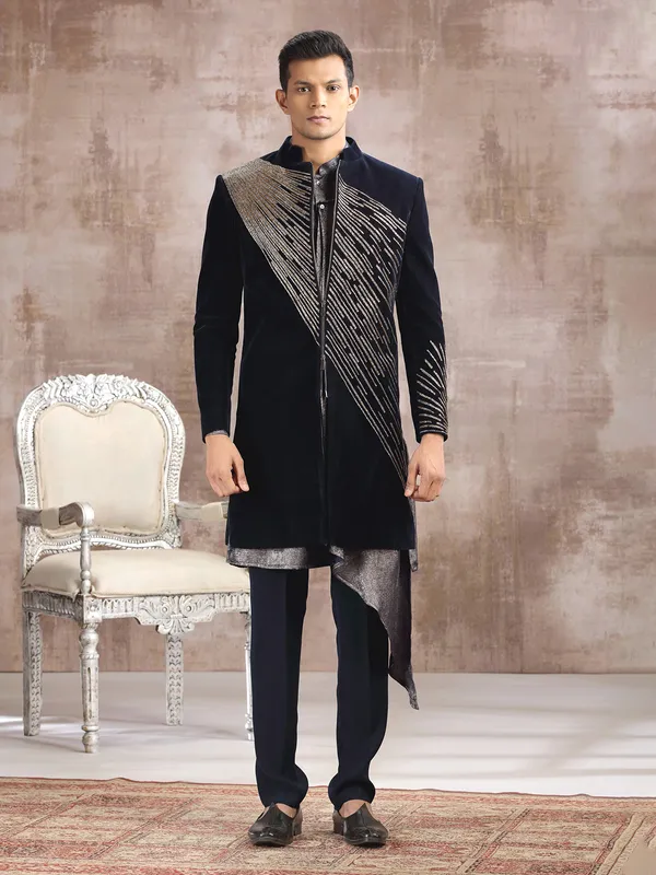 Blue velvet indo western with cutdana embellishment