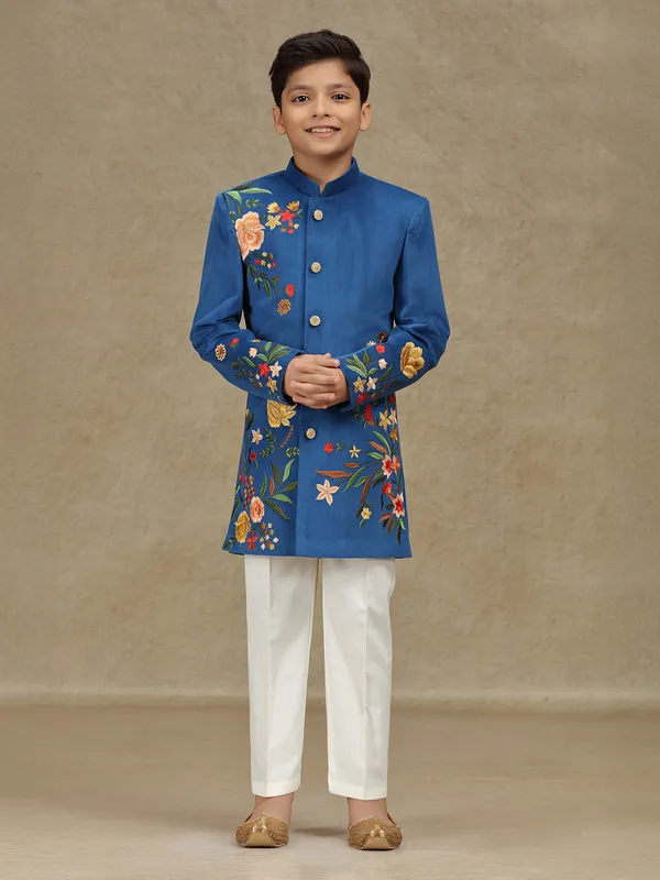 Blue velvet indowestern for boys