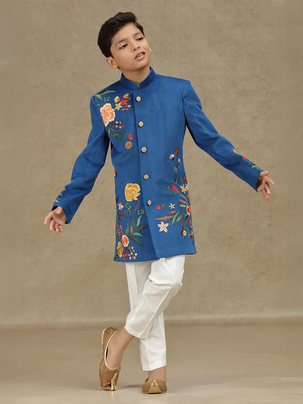 Blue velvet indowestern for boys