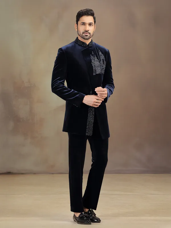 Blue velvet indowestern set with cutdana embellishment