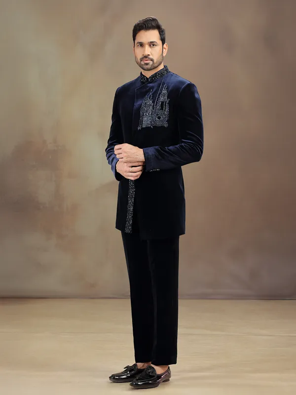 Blue velvet indowestern set with cutdana embellishment