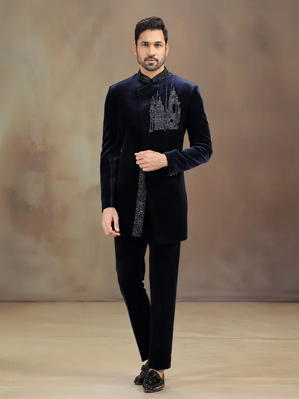 Blue velvet indowestern set with cutdana embellishment