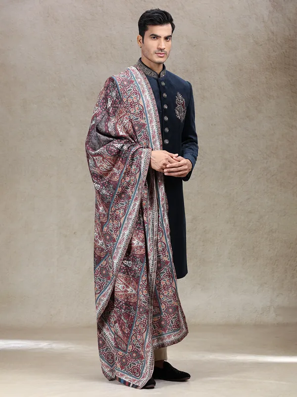 Blue velvet sherwani with vintage printed dupatta