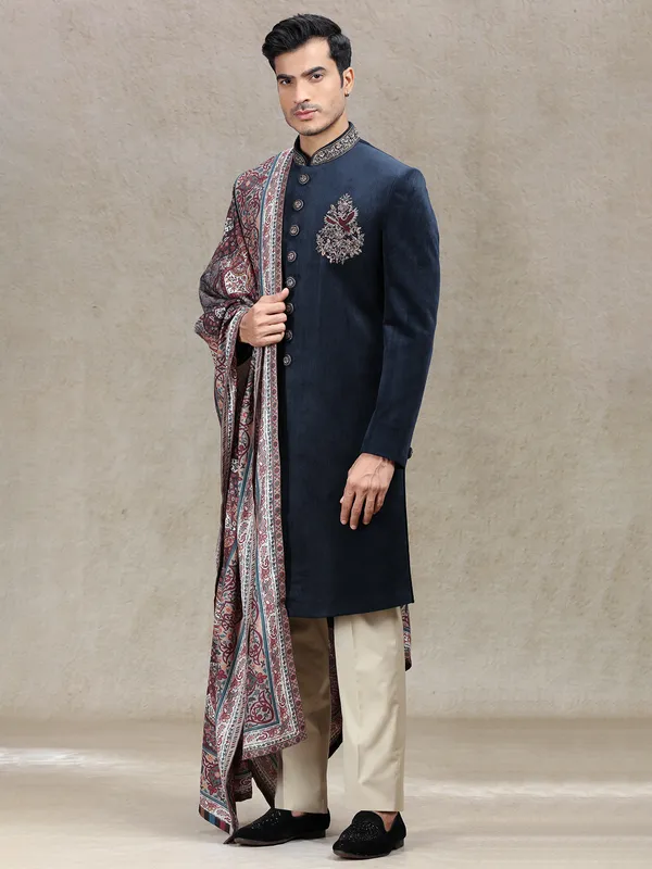 Blue velvet sherwani with vintage printed dupatta