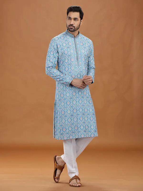 Blue viscose embroidered kurta suit attire