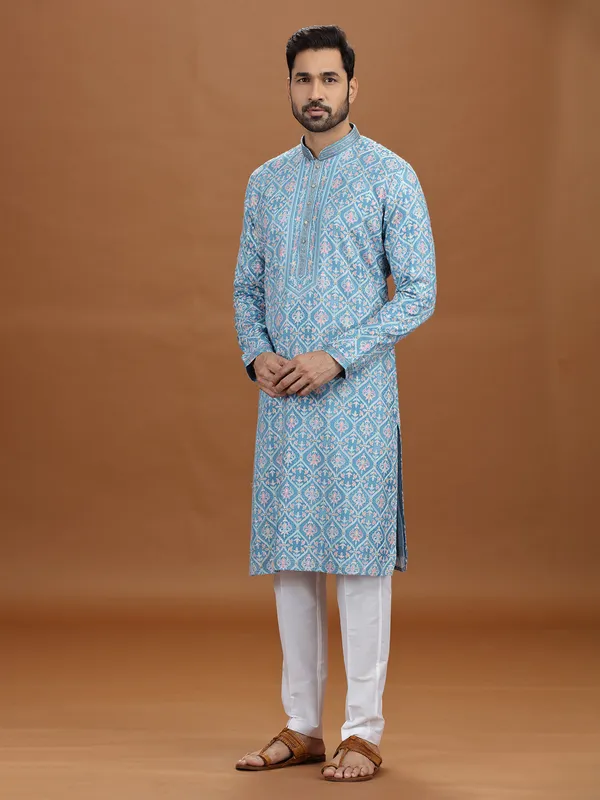Blue viscose embroidered kurta suit attire