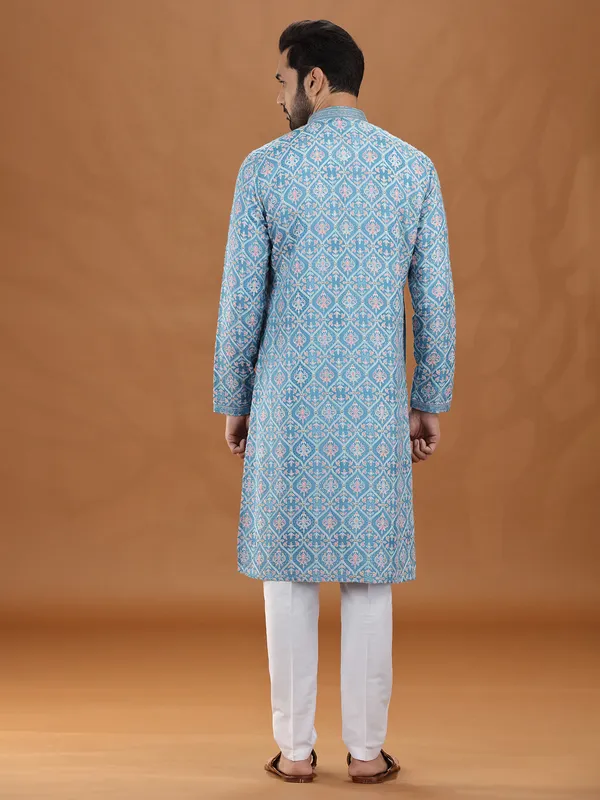 Blue viscose embroidered kurta suit attire