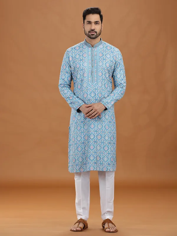Blue viscose embroidered kurta suit attire