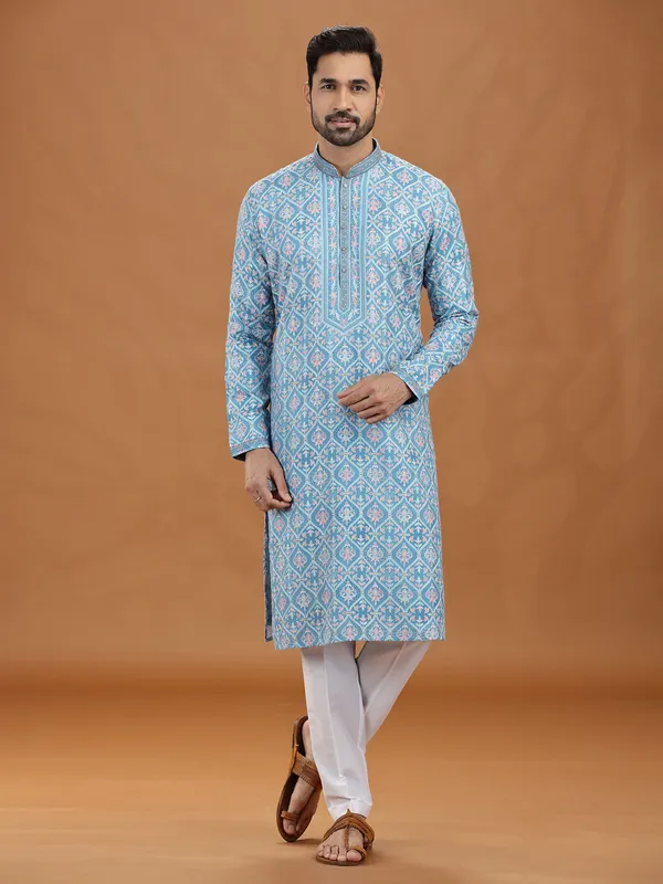 Blue viscose embroidered kurta suit attire