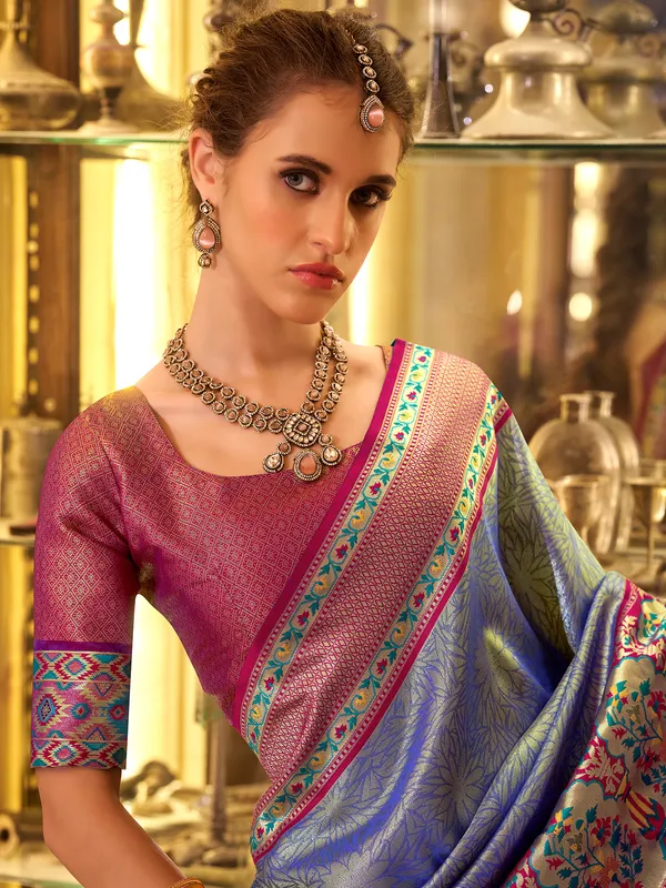 Blue wedding tissue silk saree with unstitched blouse