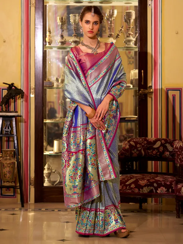 Blue wedding tissue silk saree with unstitched blouse