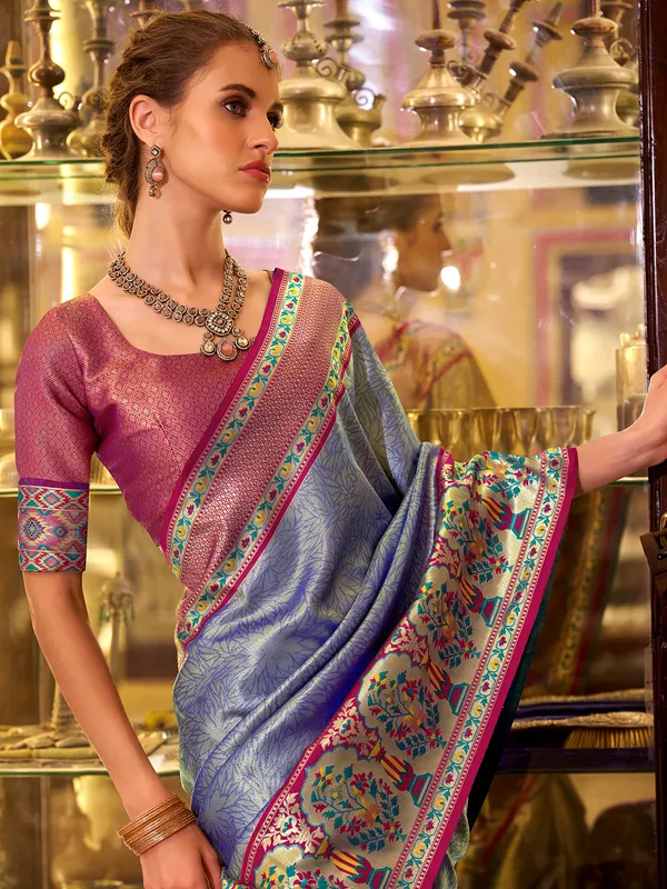 Blue wedding tissue silk saree with unstitched blouse