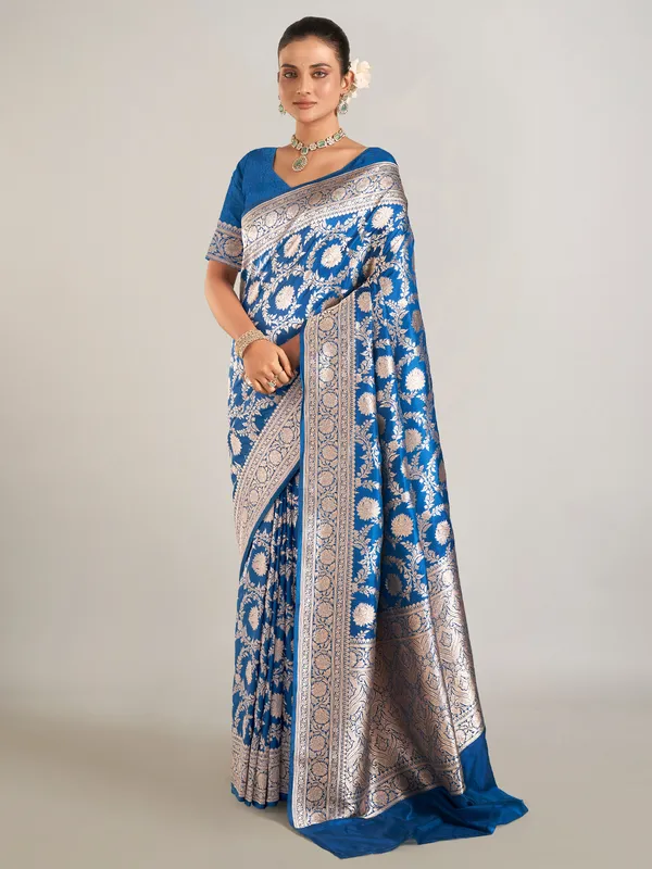Blue zari weaving banarasi silk saree for wedding