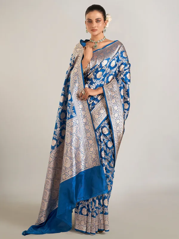 Blue zari weaving banarasi silk saree for wedding