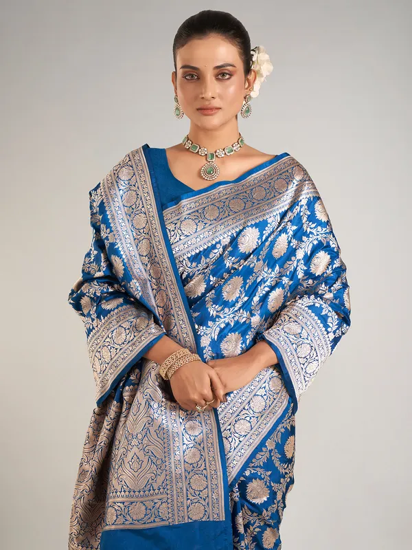 Blue zari weaving banarasi silk saree for wedding