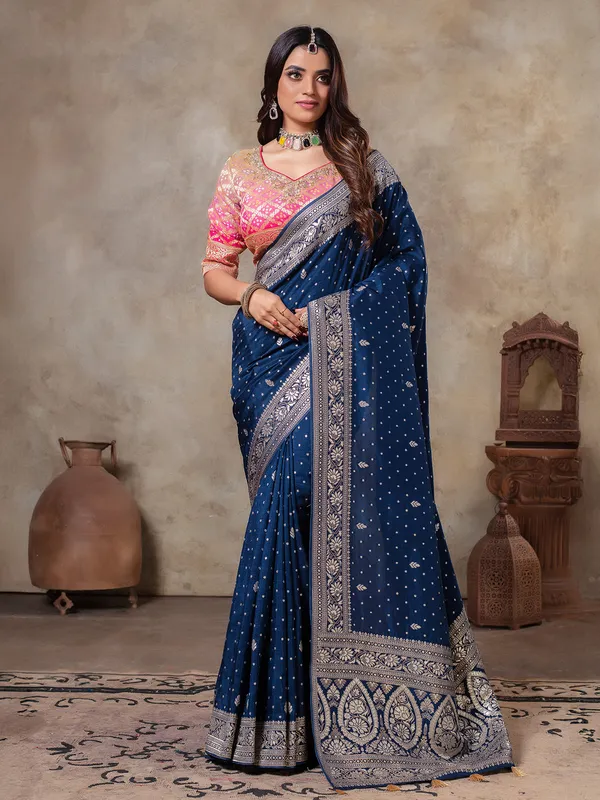 Blue zari weaving dola silk saree for wedding