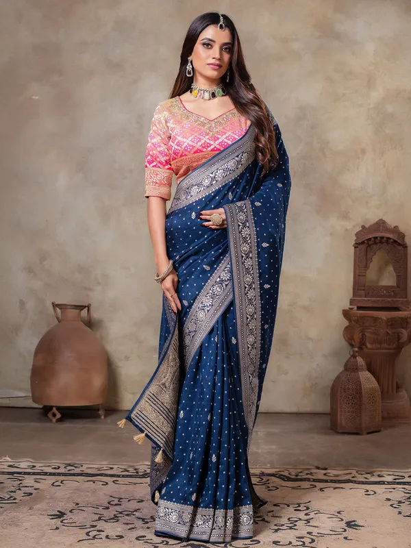 Blue zari weaving dola silk saree for wedding