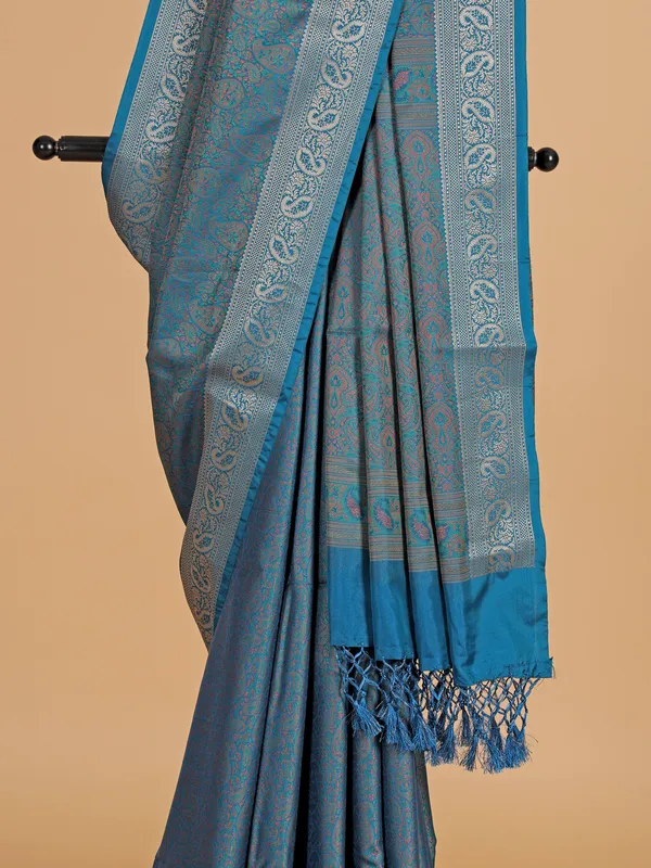 Blue zari weaving silk wedding wear saree