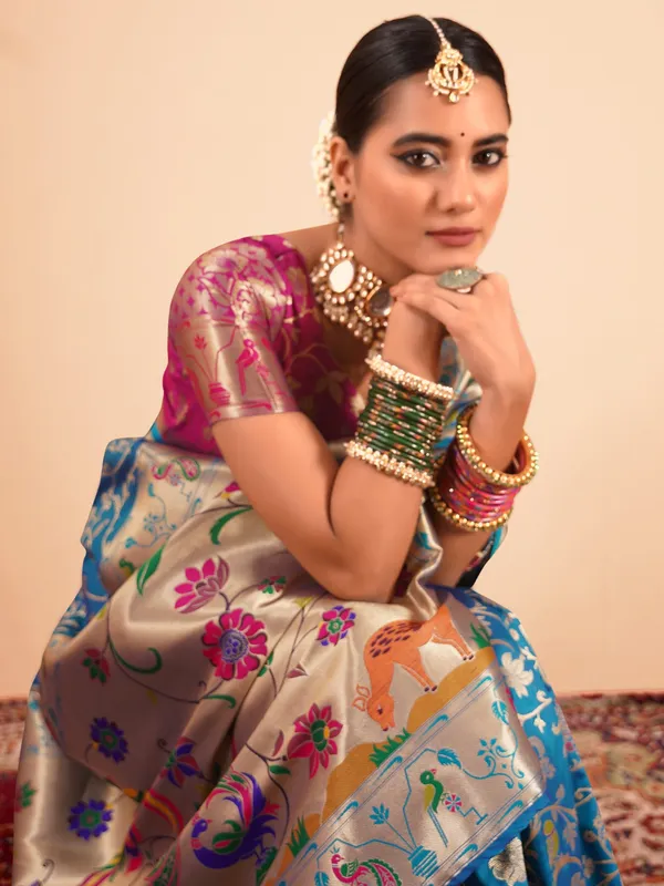 Blue zari worked paithani silk saree
