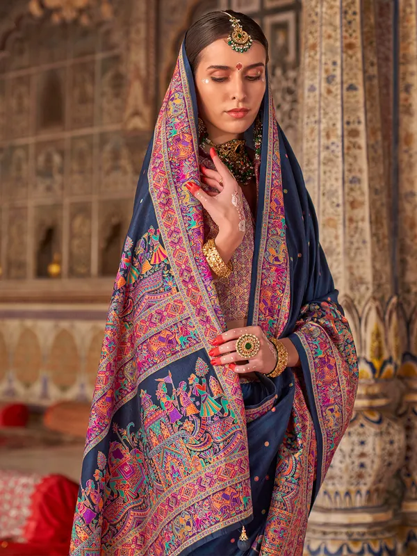 Blue zari worked silk saree for women