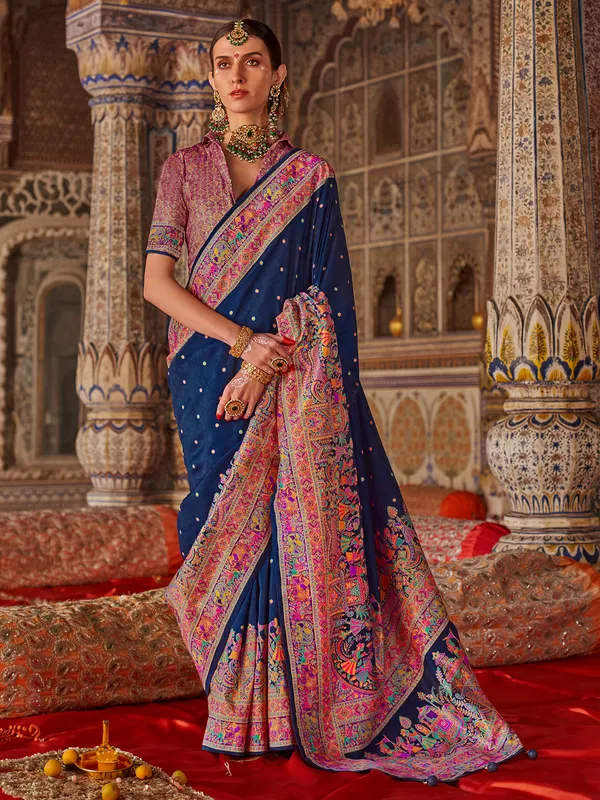 Blue zari worked silk saree for women