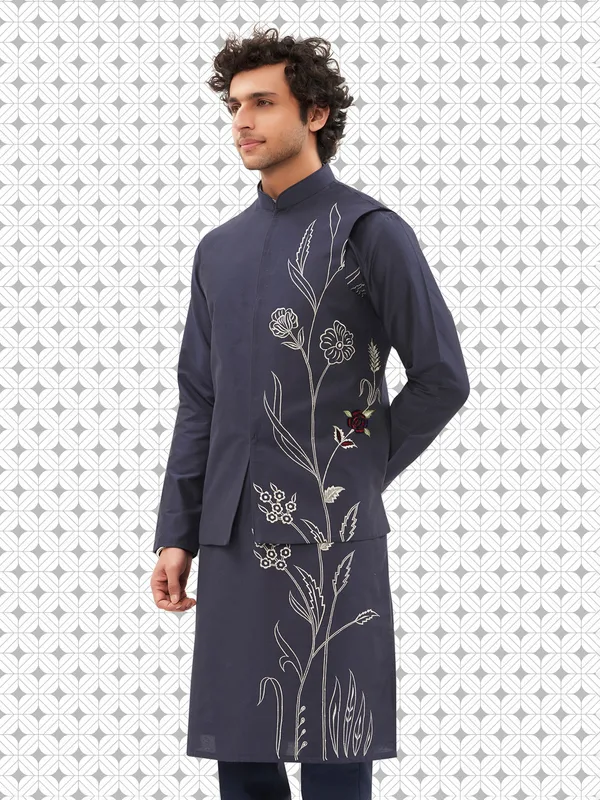 Bluish grey cotton kurta jacket set for men