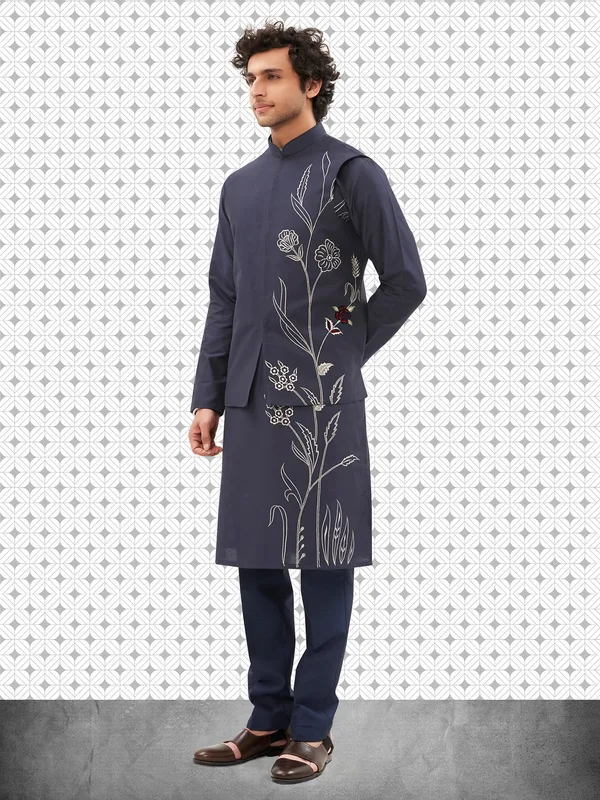 Bluish grey cotton kurta jacket set for men