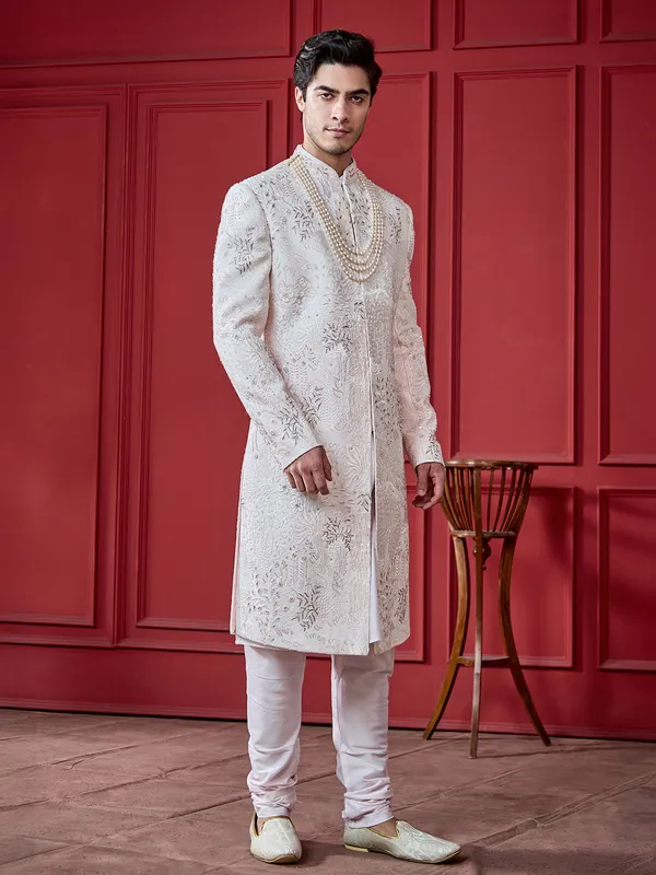 Blush light pink silk sherwani for groom