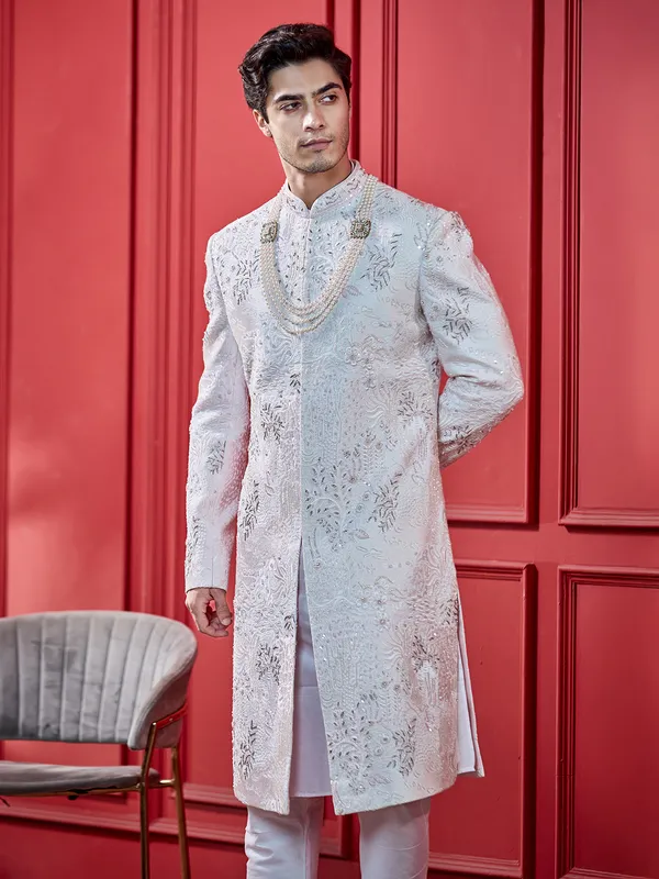 Blush light pink silk sherwani for groom