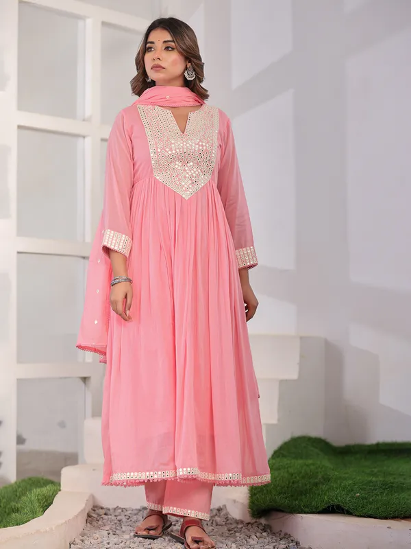 Blush radiance pink kurti set with aabla yoke