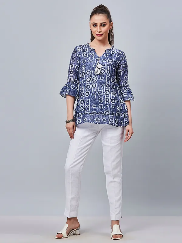 Boom blue printed linen top