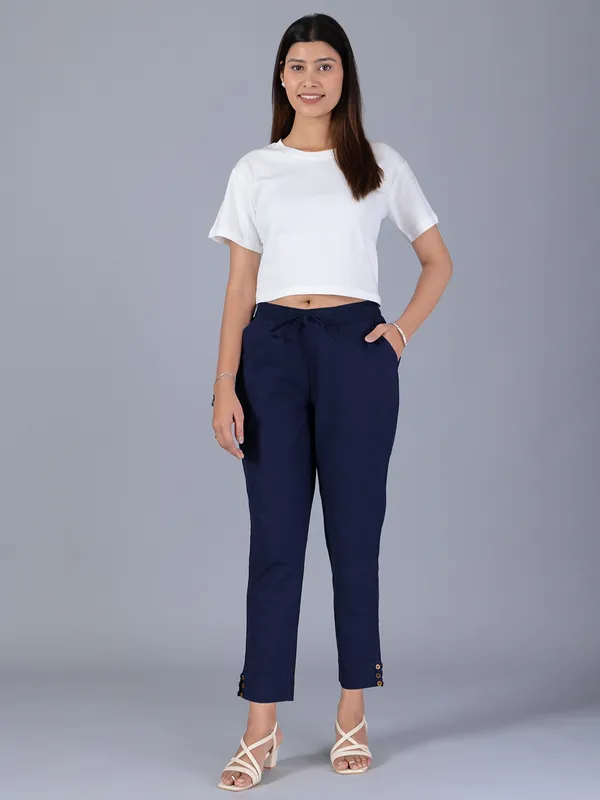 Navy cotton casual pant for women
