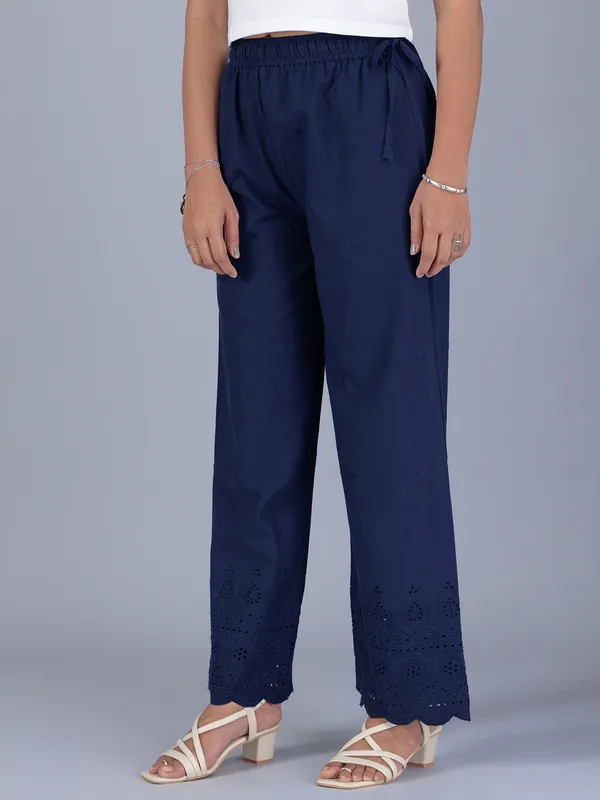 Cotton solid navy pant