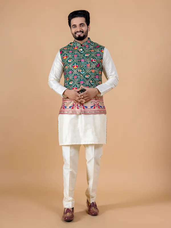 Bottle green and cream silk waistcoat set