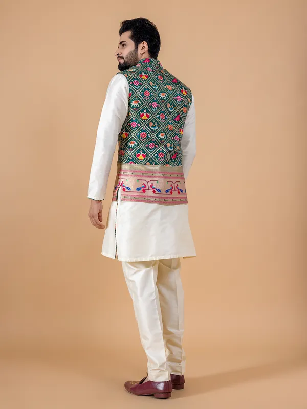 Bottle green and cream silk waistcoat set