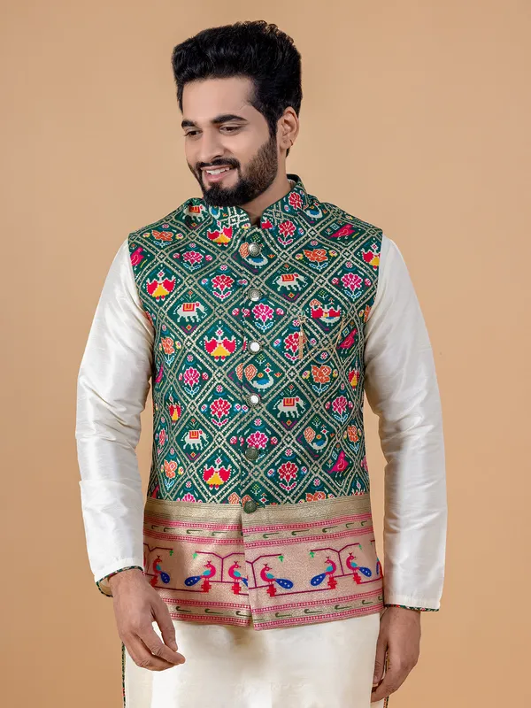 Bottle green and cream silk waistcoat set