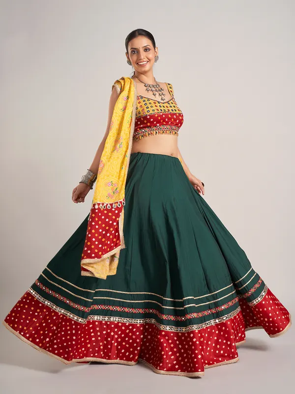 Bottle green and yellow silk chaniya choli