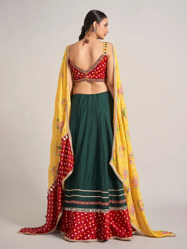 Bottle green and yellow silk chaniya choli