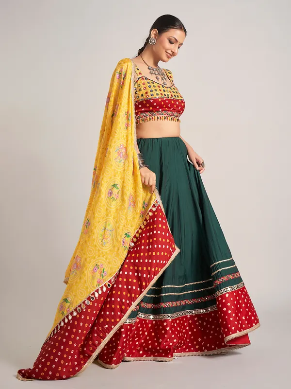 Bottle green and yellow silk chaniya choli