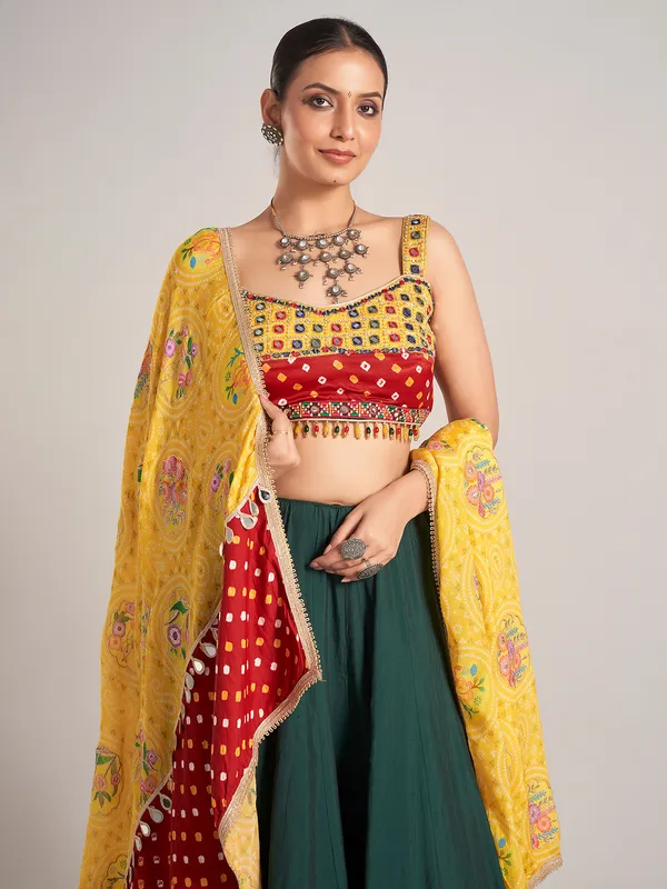 Bottle green and yellow silk chaniya choli