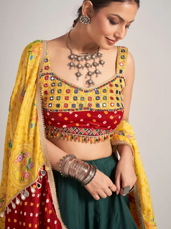 Bottle green and yellow silk chaniya choli