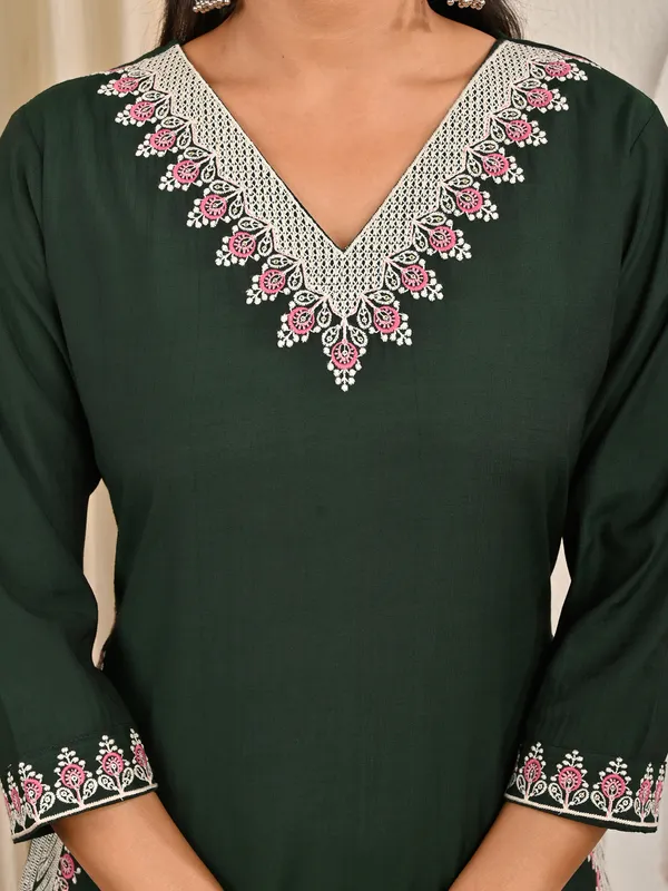 Bottle green casual cotton silk embroidered kurti