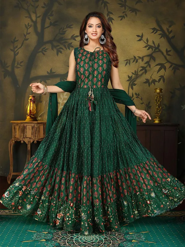 Bottle green cotton silk anarkali suit for festive